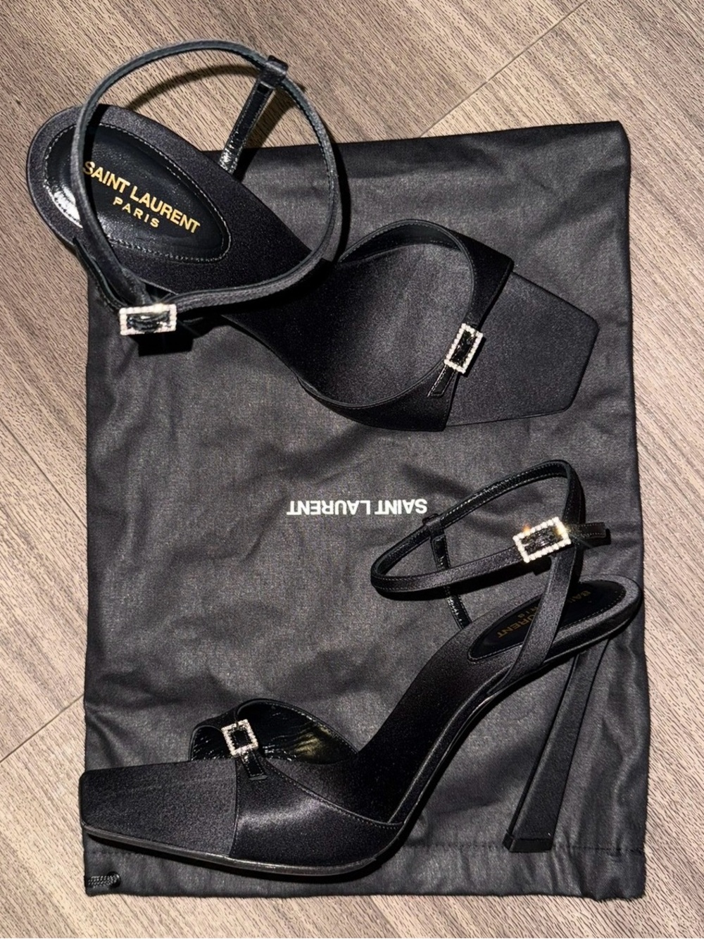 YSL Yves Saint Laurent Black Satin Square-Toe Ankle-Strap Heels Size 40